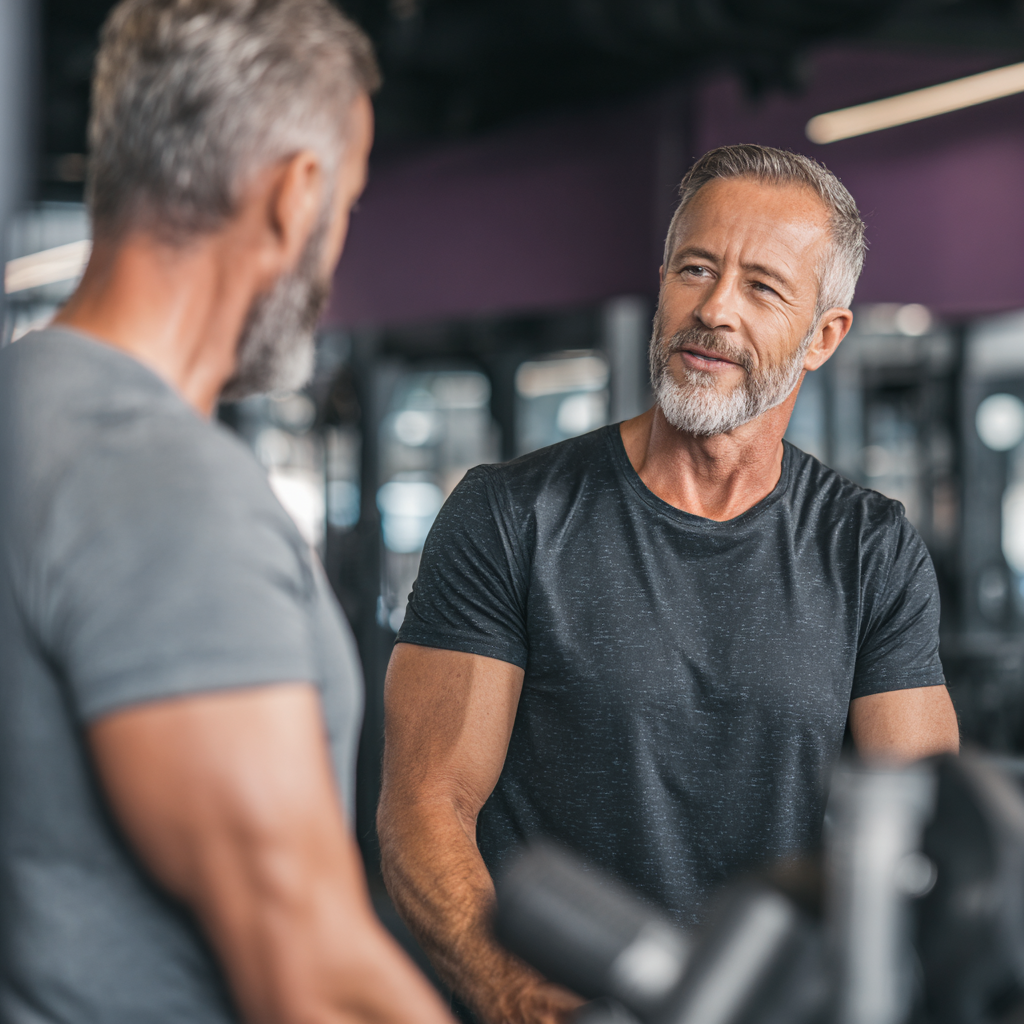 Professional fitness trainer working with middle-aged client in modern gym environment